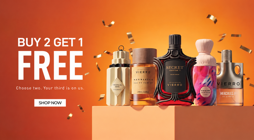 Vierro perfumes featuring a "Buy 2 Get 1 Free" offer next to an assortment of bottled fragrances including Chaos de Parfum, Black Forest, and other signature scents against an orange and cream backdrop with a Shop Now button.