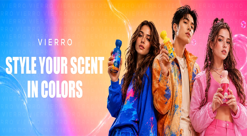 Gen Z holding the perfume bottle of vierro with blue bottle perfume with blue colour cloths and yellow colour perfume bottle with yellow jacket and pick colour perfume bottle with girl in pink outfit