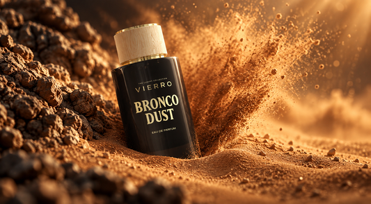 Bronco Dust perfume bottle by Vierro sitting in a bed of desert sand with a warm, sunlit background.