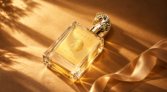 Vierro gold perfume bottle resting on a silky fabric with warm, sunlit lighting.