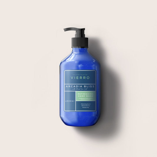 A 500ml blue pump bottle of Vierro Arcadia Bliss Handwash against a neutral light background.