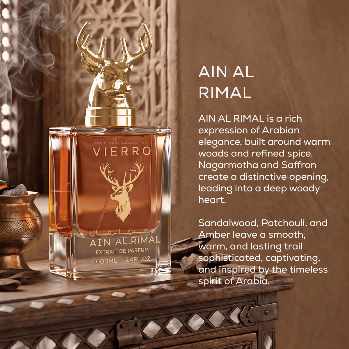 Promotional graphic for Ain Al Rimal Extrait de Parfum by Vierro featuring a 100ml bottle with a gold deer head cap against an ornate wooden backdrop with product description text.