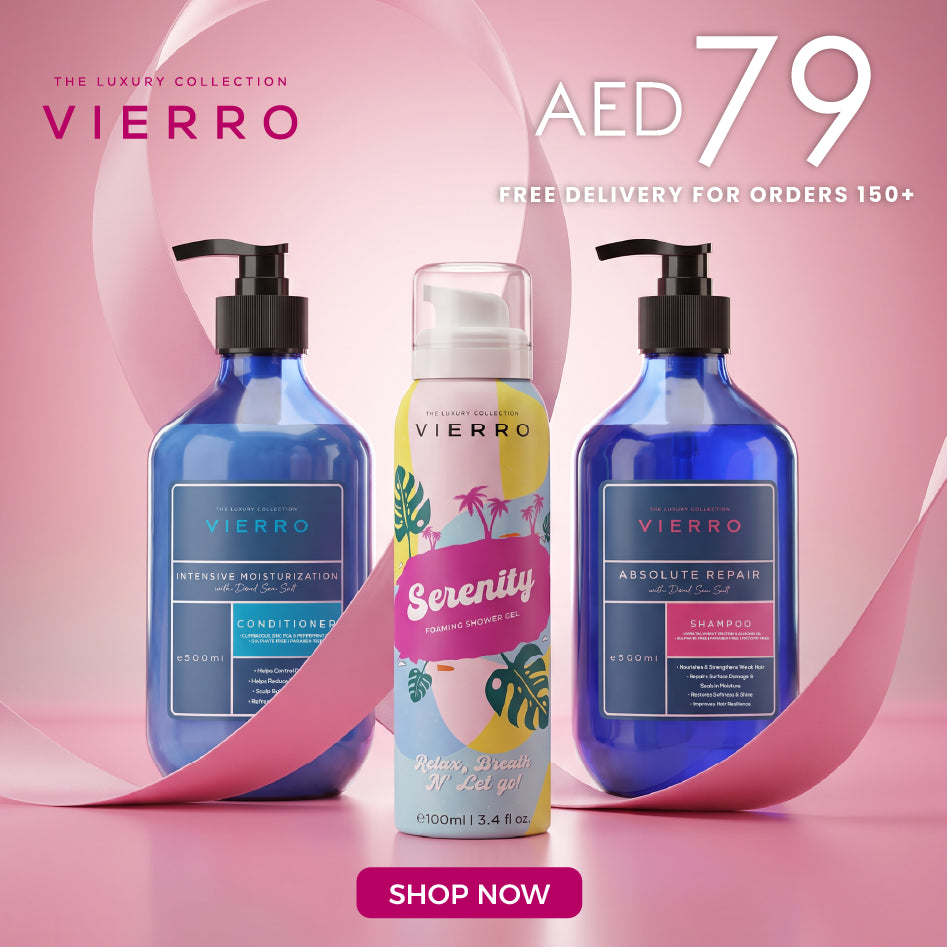 Vierro gift set with moisturizing conditioner, shower gel, and repair shampoo, featuring a clean, elegant packaging design.