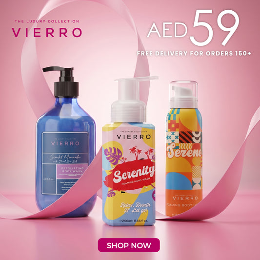 Vierro exfoliating body wash, hand wash, and body lotion gift set with natural skincare ingredients in elegant packaging.