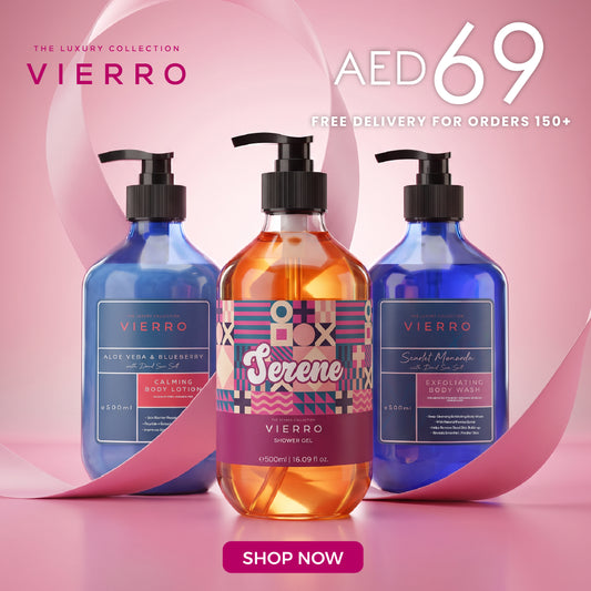 Vierro gift set with calming body lotion, shower gel, and exfoliating body wash arranged together in a display.