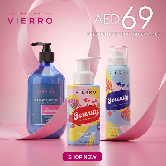 Vierro gift set with Repair shampoo, hand wash, and body lotion featuring nourishing formulas and elegant packaging.