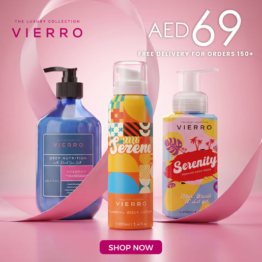 Vierro Deep Nutrition gift set with shampoo, body lotion, and hand wash bottles arranged in a gift box.