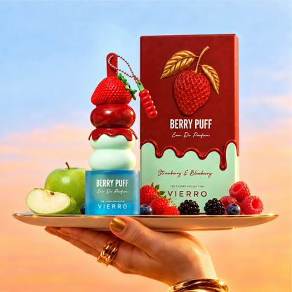 Vierro Berry Puff perfume box and bottle, showcasing the fruity floral fragrance with a sleek design and vibrant packaging.