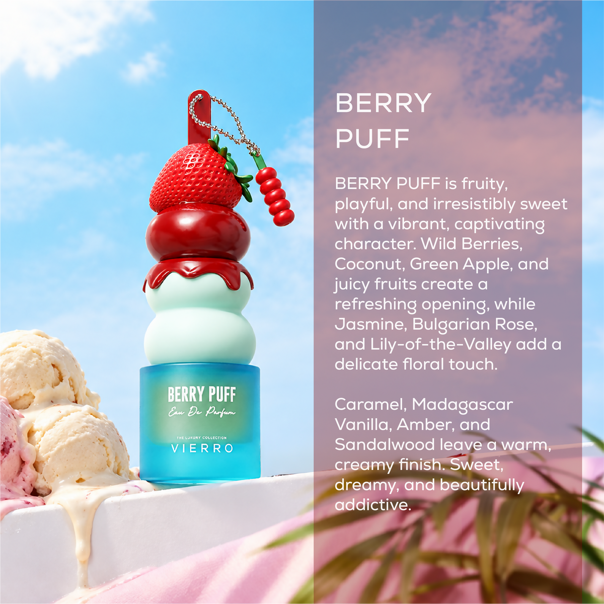 Vierro Berry Puff perfume bottle with floral and fruity design, showcasing the elegant packaging of the BERRY PUFF fragrance.