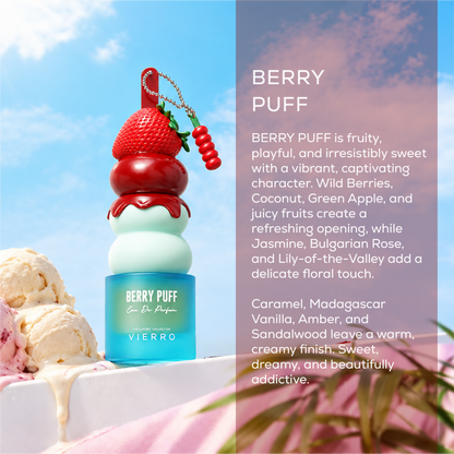 Vierro Berry Puff perfume bottle with floral and fruity design, showcasing the elegant packaging of the BERRY PUFF fragrance.