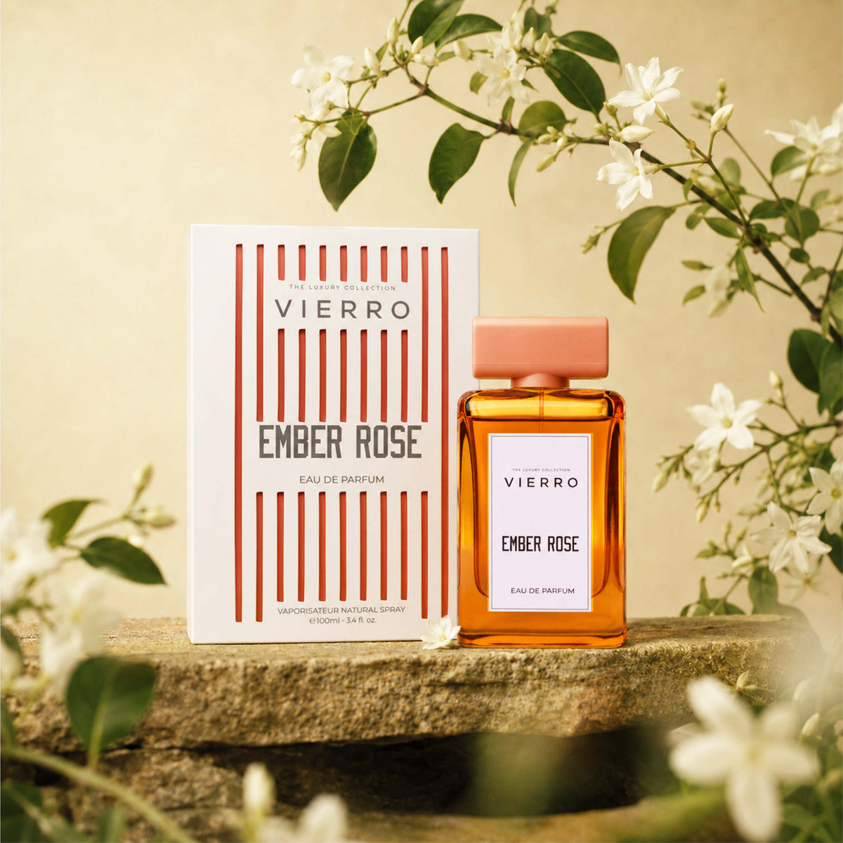 Vierro Ember Rose perfume bottle and elegant box, showcasing the luxurious fragrance packaging and design.