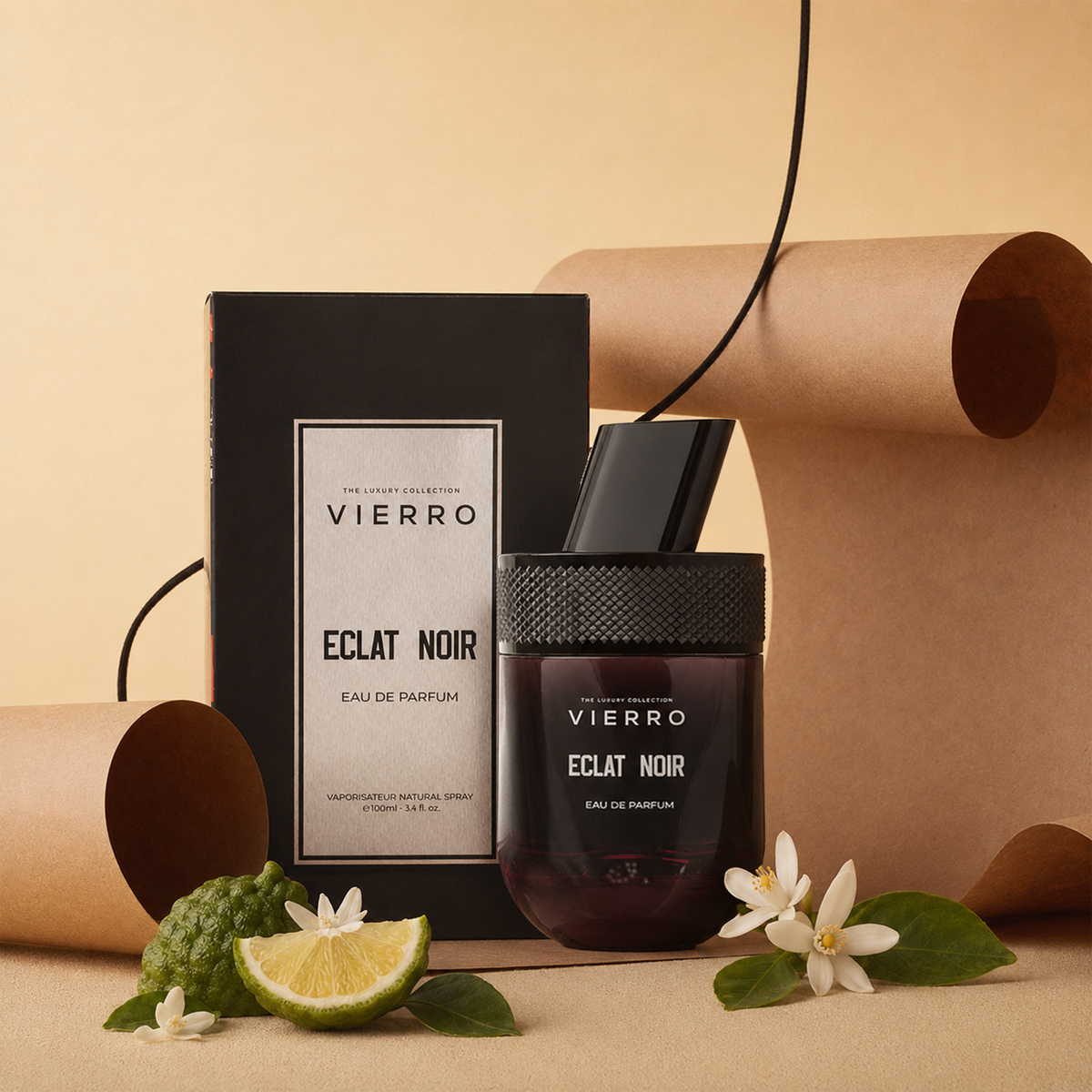 Vierro ECLAT NOIR perfume box and bottle with sleek black design and elegant branding visible in the image.