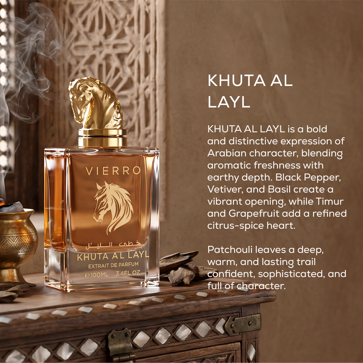 Promotional graphic for KHUTA AL LAYL Extrait de Parfum by Vierro featuring a 100ml bottle with a gold horse head cap on an ornate wooden surface with descriptive text and an incense burner in the background.