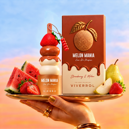 Vierro Melon Mania perfume box and bottle, showcasing a fresh, fruity fragrance with vibrant green and melon-themed design.