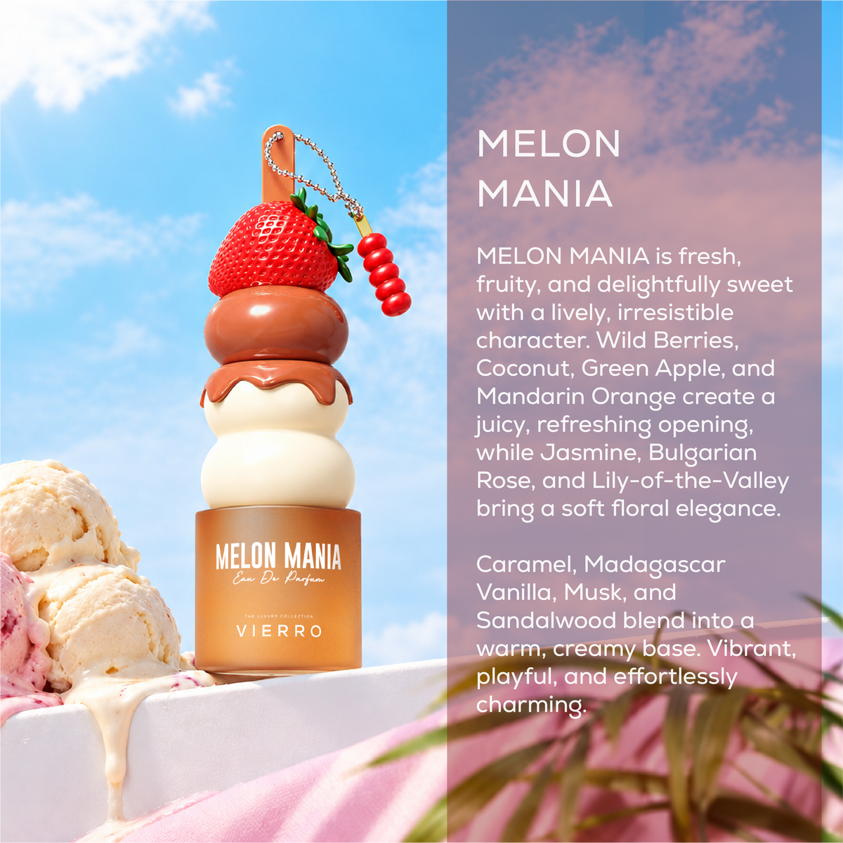 Vierro Melon Mania perfume bottle with fresh melon scent and vibrant packaging.