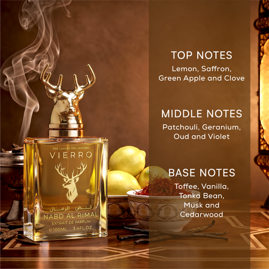 Infographic graphic for NABD AL RIMAL Extrait de Parfum by Vierro detailing the top notes (lemon, saffron, green apple, and clove), middle notes (patchouli, geranium, oud, and violet), and base notes (toffee, vanilla, tonka bean, musk, and cedarwood) alongside the 100ml bottle with a gold deer head cap.
