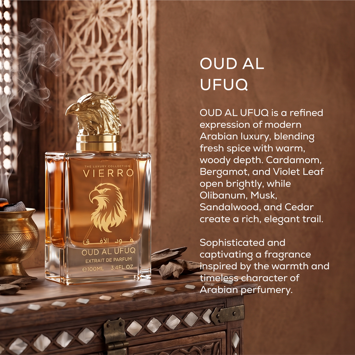 OUD AL UFUQ Extrait de Parfum by Vierro featuring a 100ml bottle with a gold falcon head cap on an ornate wooden surface with descriptive text and an incense burner in the background.