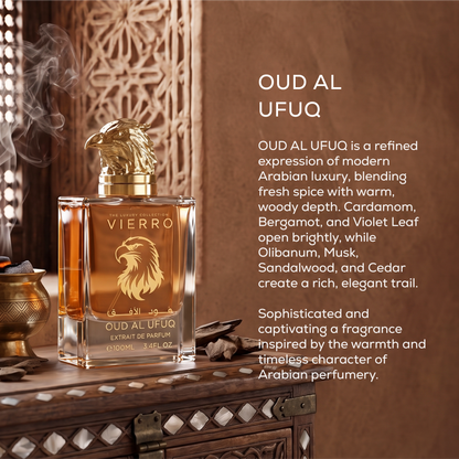 OUD AL UFUQ Extrait de Parfum by Vierro featuring a 100ml bottle with a gold falcon head cap on an ornate wooden surface with descriptive text and an incense burner in the background.