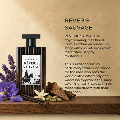 Vierro Reverie Sauvage perfume bottle with elegant design and floral accents, showcasing the luxurious fragrance product.