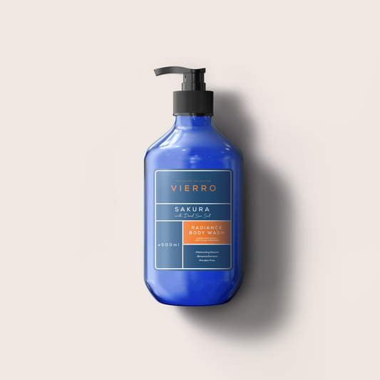 A 500ml blue pump bottle of Vierro Sakura Body Wash against a neutral light background.