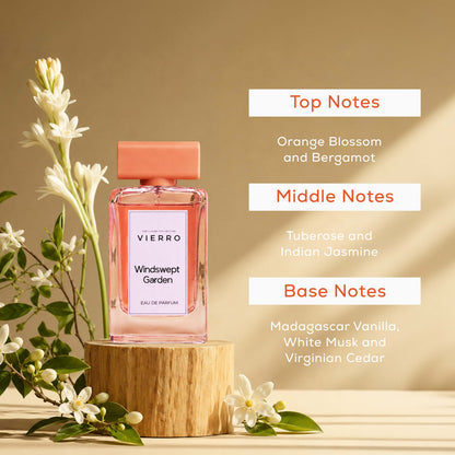 Vierro Windswept Garden perfume bottle with floral and fresh notes, showcasing elegant packaging and vibrant garden-inspired design.