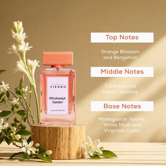 Vierro Windswept Garden perfume bottle with floral and fresh notes, showcasing elegant packaging and vibrant garden-inspired design.
